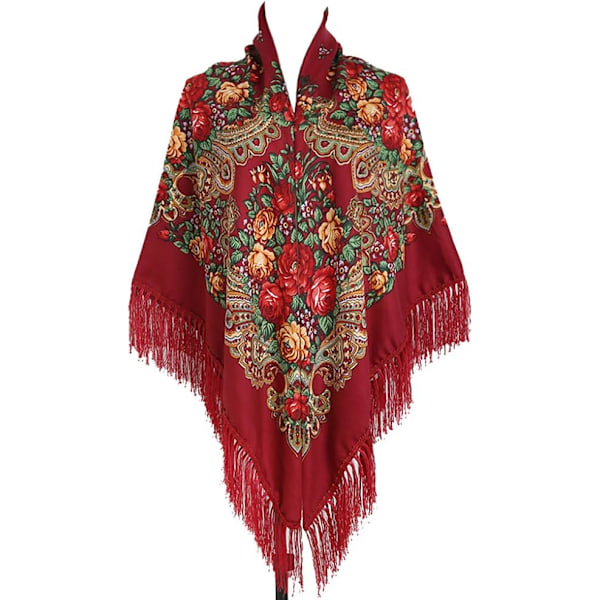 62\"*62\" Stor Dam Traditionell Retro Sjal Wrap Fransar Blommig Poncho Sjal Tryckt Sjal Wind Red