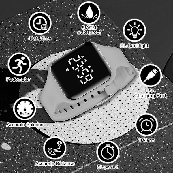 Barnklocka, Digital Klocka Kompatibel Med Pojkar Flickor, Sportklocka Med Fitness Tracker, Väckarklocka, Stoppur, Ingen App Och Vattentät, Klocka Kompatibel 44-Gray