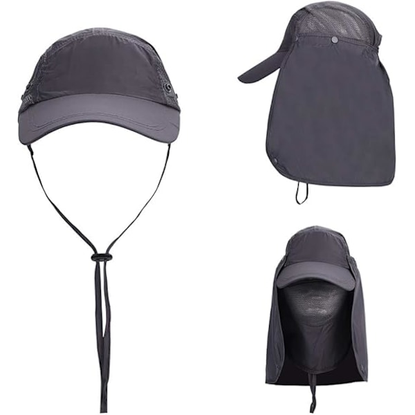 Solhatt med Avtakbar Ansikts- og Nakkeklaff - Bøttehatt med Snøre - Utendørs UPF 50+ Solbeskyttende Hatt - Bøttehatt for Camping og Fotturer Dark Gray