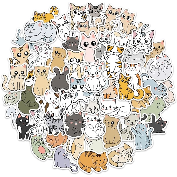 50PCS Cute Cat Stickers for Kids, Vinyl Waterproof Cartoon Animal Stickers Sheets for Water Bottle Laptop Phone Scrapbooking Skateboard