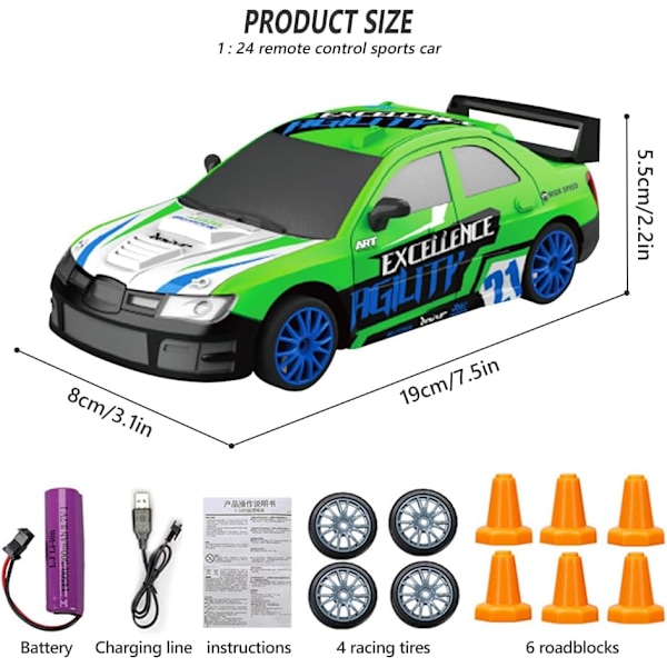 Fjernstyrt Driftbil, RC Driftbil 1:24, 4WD Bil, Fjernstyrt Drift RC Bil Voksen 2.4GHz 15km/t med Fungerende Forlykter, Fjernstyrte Biler