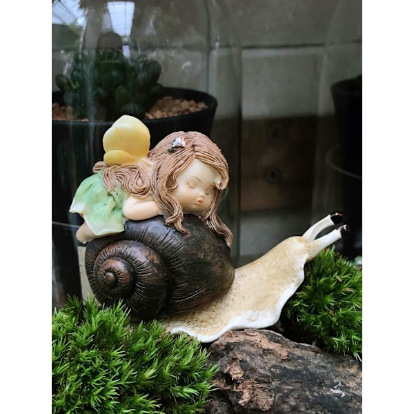 Miniatyr Fe-hage Figur - Drømmende Fe-statue Fairy on Snail