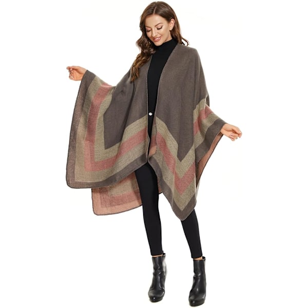 Elegant Shawl Cape med Åben Front - Blød Poncho til Kvinder, Velegnet til Forår, Efterår og Vinter Black&khaki