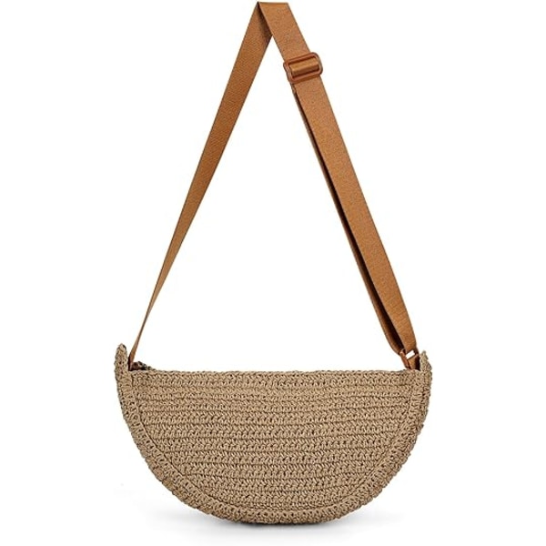 Halvmåne taske i strå til kvinder, strandtaske i raffia, flettet taske, sommer skuldertaske i strå (Khaki)