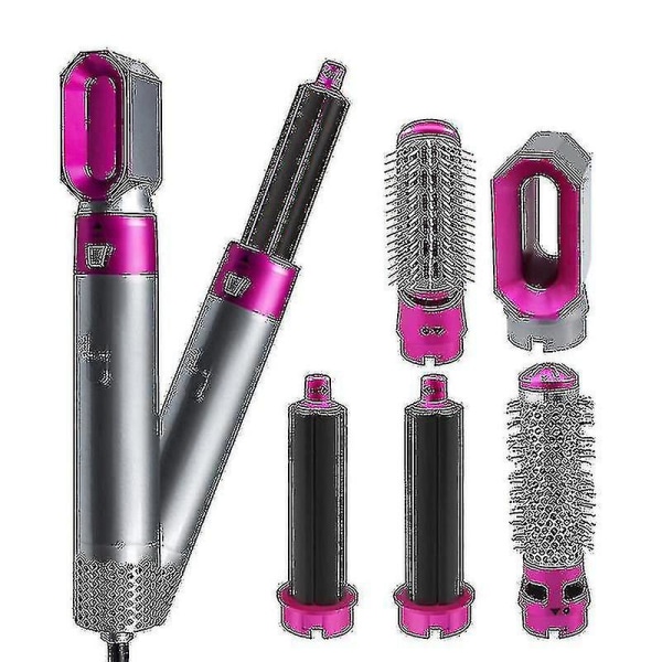 Elektrisk hårstyler Hårtorkar 5 i 1 hårrullare Automatiska plattångare Fön Borste Torka &amp;amp; Våt locktång set Rose Red