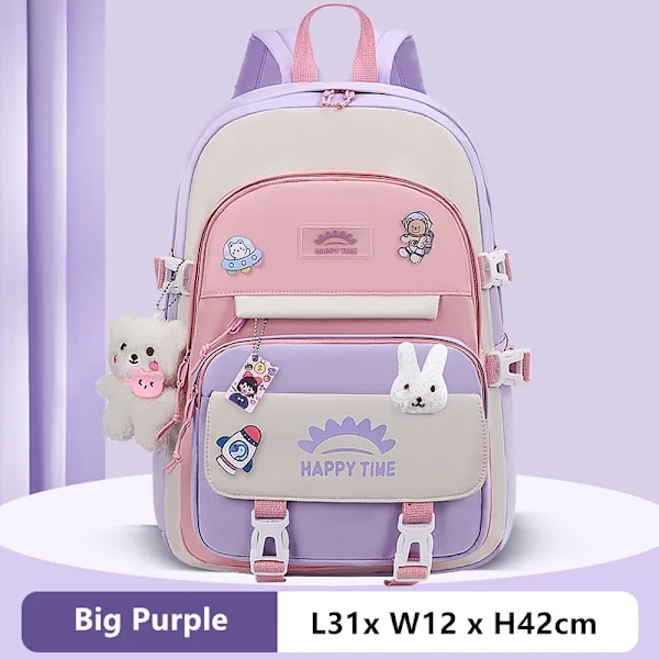 Söpö korealainen koulureppu tytöille, Kawaii vaaleanpunainen ja violetti koululaukku kirjastoon ja alakouluun, lahja opiskelijoille ja lapsille D