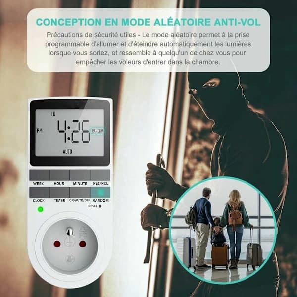Digital programmerbar stikkontakt – Ugentlig timer med LCD-display, 12H/24H/7 dage til husholdning