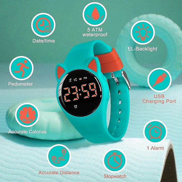 Barnklocka, Digital Klocka Kompatibel Med Pojkar Flickor, Sportklocka Med Fitness Tracker, Väckarklocka, Stoppur, Ingen App Och Vattentät, Klocka Kompatibel 20-GreenOrange-Y
