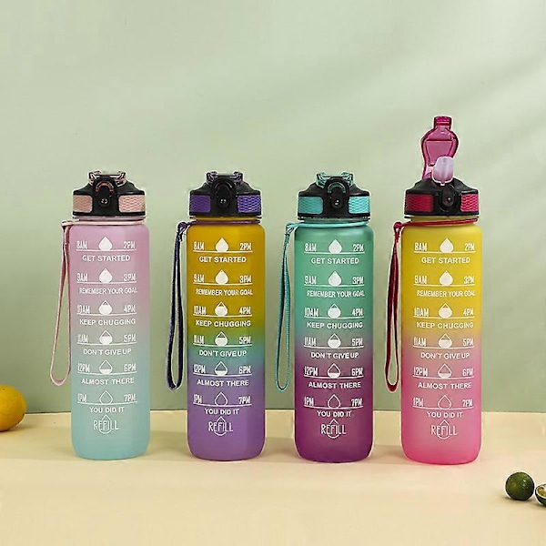 1 litran motivoiva urheilujuomapullo pillillä, tiivis, BPA-vapaa muovinen juomapullo 1l, suunniteltu tytöille ja pojille juoksuun ja pyöräilyyn pink