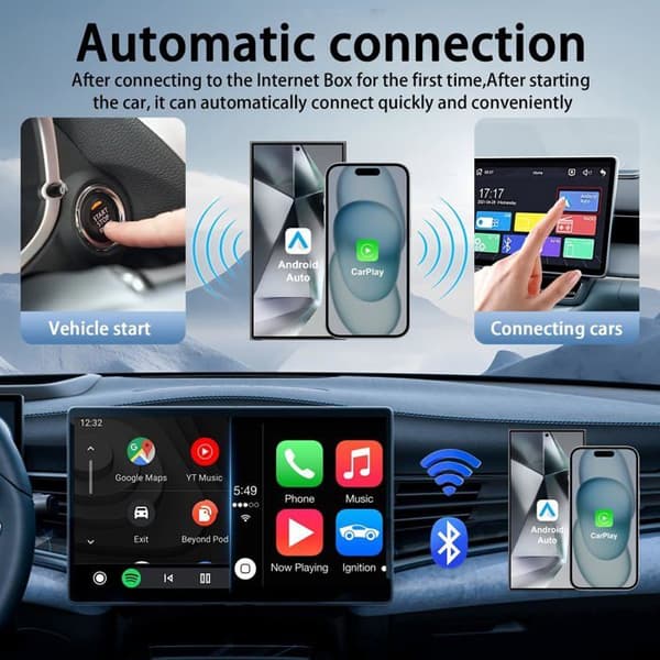 2-in-1 langaton Carplay/Android Auto -sovitin - USB C/A Plug&Play - iOS10+/Android11+ - Bluetooth/Assistant