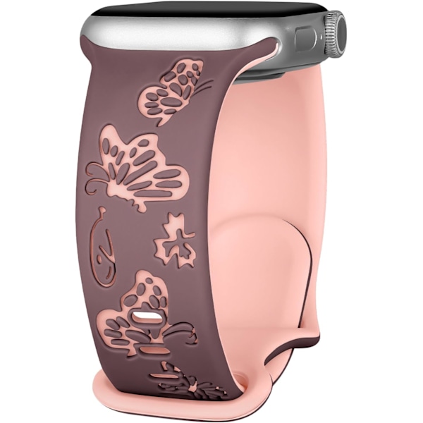 Blomstergravert rem for Apple Watch-remmer for kvinner, søte blomster- og sommerfuglsportrem i silikon for Apple Watch-serien Smoke Violet Pinksand 42/44/45mm