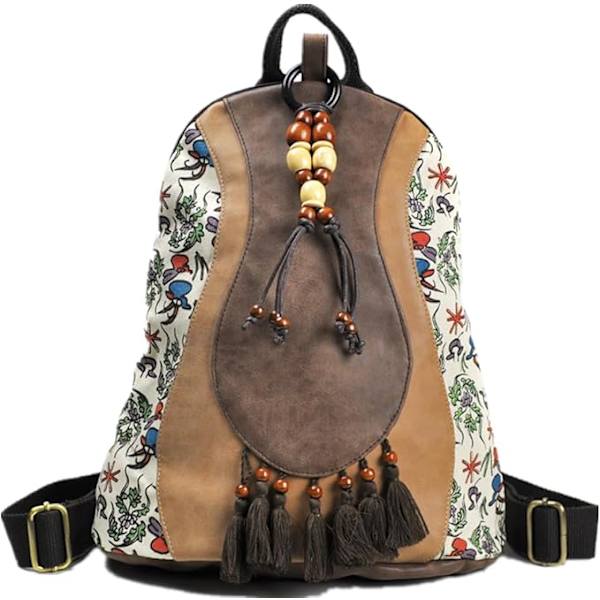 Bohemisk Ryggsäck Mode Etnisk Vintage Canvas och Läder Ryggsäck Reseryggsäck Axelväska med Dragkedja och Tofsar för Shopping Dejting