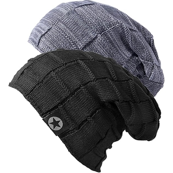 2-pakks Herrehatter Slouch Beanie Hat Strikket Løstsittende Skallehette Svarte Beanies-hatter til menn Gaver (Svart + Grå)