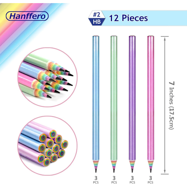 Regnbueblyanter Tegneblyant, Resirkulerbart papir, Forslipt, for skole og kontor - Hardhet #2 HB - Pakke med 12/24 A