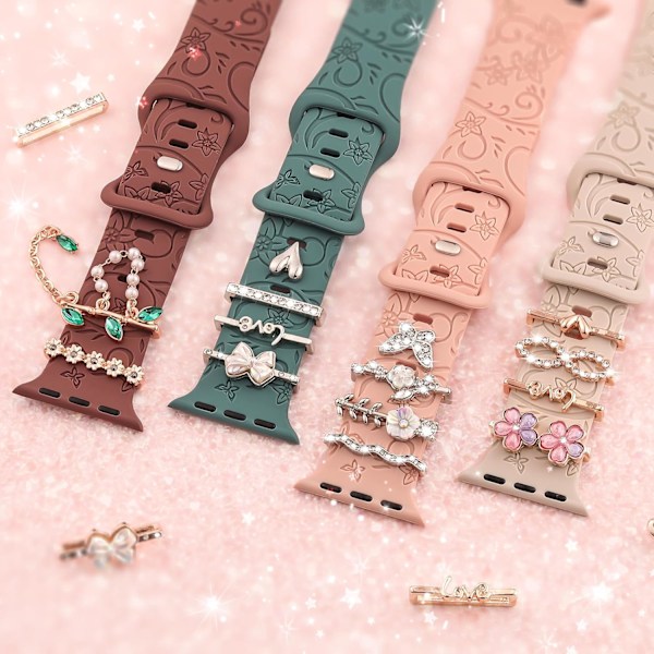 1Set Charms Apple Watch -rannekkeille naisille, koristeelliset renkaat iWatch-sarjalle, Watch Silicone Watch Strap Charms -lisävarusteet Silver Heart