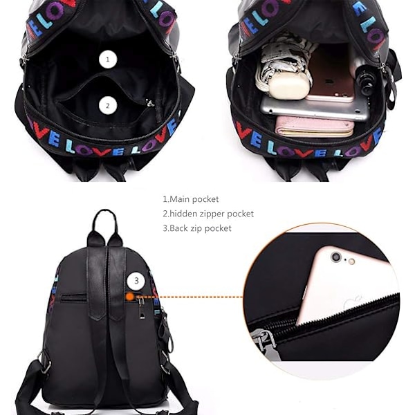 Ryggsäckar för kvinnor, stöldskydd, vattentät nylon, små ryggsäckar, svarta skolväskor, avslappnad crossbody-väska för kvinnor, handväska