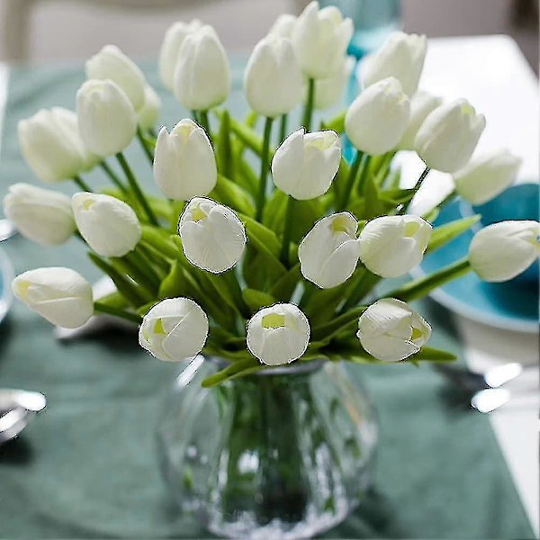 10 stk. Fantastisk Realistisk Touch Pu Kunstig Tulipanbuket Med Stilke - Gul white