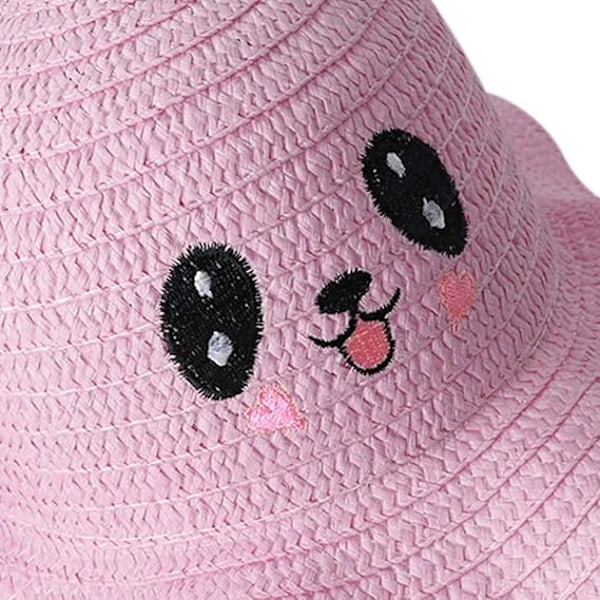 Barn Straw Solhatt Flickor Andningsbar Bredbrättad Sommar Bucket Hat med Hoppande Kaninöron Solskydd Strandhatt Pink