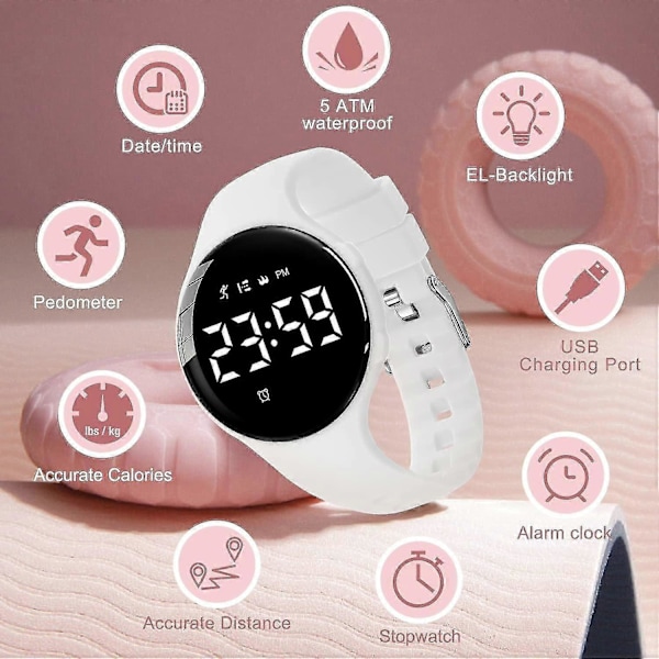Barnklocka, Digital Klocka Kompatibel Med Pojkar Flickor, Sportklocka Med Fitness Tracker, Väckarklocka, Stoppur, Ingen App Och Vattentät, Klocka Kompatibel 39-White-A