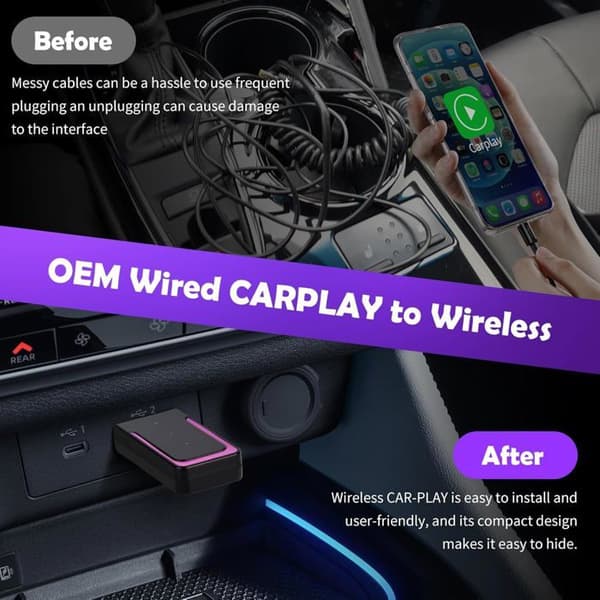 Trådløs Car-Play-adapter, konverterer kablet Car-Play-dongle til trådløs Plug & Play Car-Play til iOS og Android