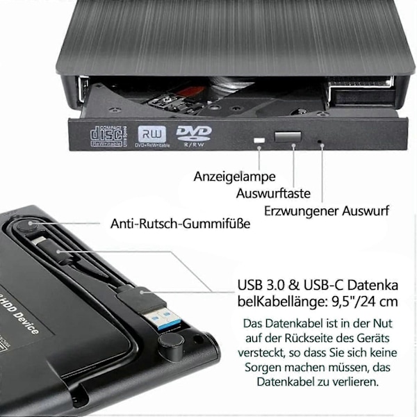 Ulkoinen CD DVD -asema USB 3.0 Type-C DVD-poltin (USB 3.0, USB Type-C, DVD 8x/CD 24x, ulkoinen, Windows XP:lle, Mac OS:lle, Macille)
