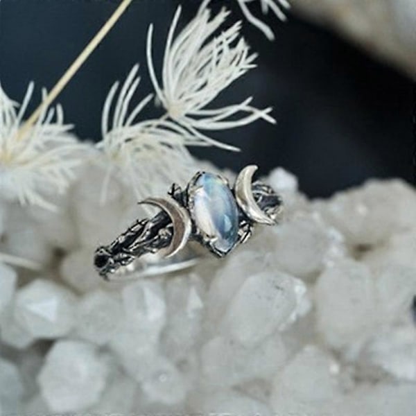 Tibetansk sølv Dobbelt Måne Spændingsmontering Ædelstensring Geometrisk Månelys Design Ringe Smykker Mode Ringe til Kvinder Gave 6 white
