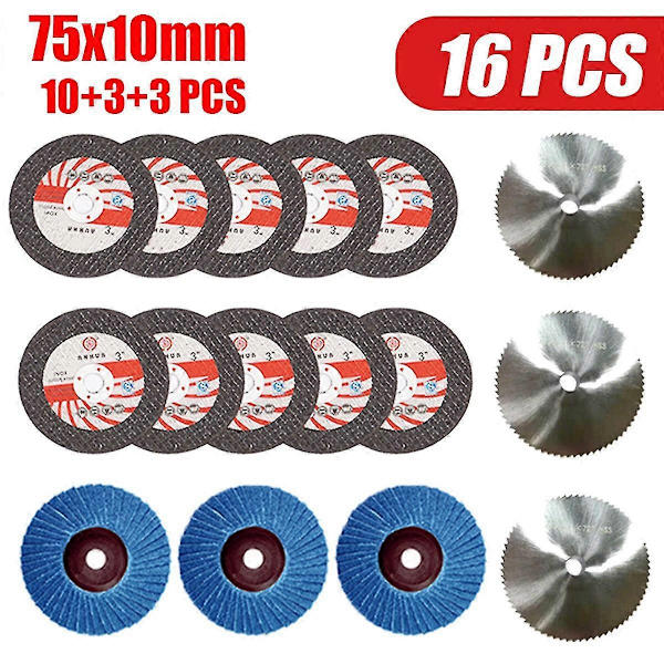16 kpl 75x10 mm kulmahiomalaikkasarja puulle ja metallille, katkaisulaikka HSS-kovametallikiillotuslevy 12 V