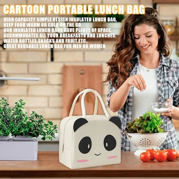 1PCS Isolerad Lunch Bag, Bärbar Termisk Lunch Bag Kylväska Daisy Mönster Lunchlåda Organizer Tote Bag Beige Panda