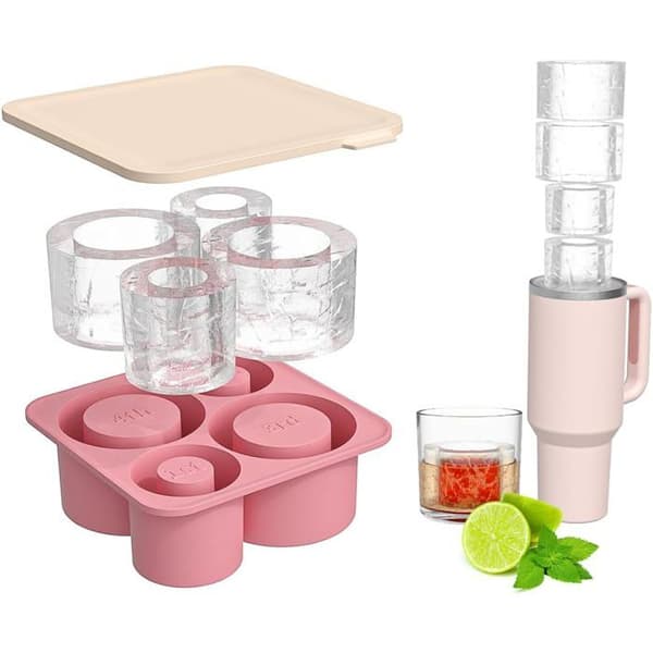Stor isbitsform i silikon för 20, 30 och 40 oz isolerade tumlare, långsamt smältande isbitsform, med lock, (rosa)