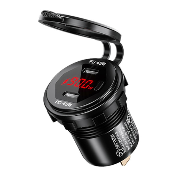 Metal 90W Dobbelt Type C USB C PD Hurtig Biloplader med Spænding/Effekt Display Black Red light