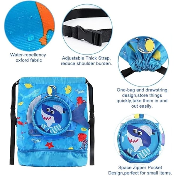 Strandveske Ryggsekk Snørevesker Barn Søt Snøring Sportsbag Svømmebag Tørr og Våt Separasjon Vanntett Tiburón Azul
