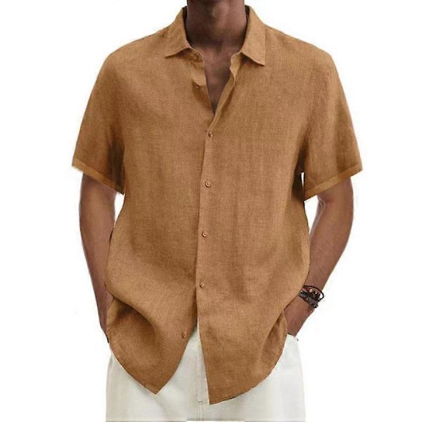 Sommer Lapel Knappelukking Bomull Lin Skjorte Ensfarget Herre Topper dark yellow XXXL