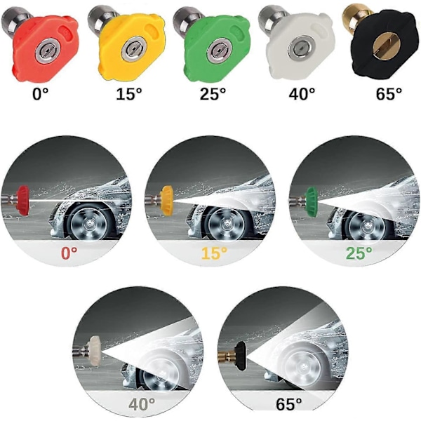 Høytrykksvaskeradapter, til 6,35 mm hurtigkobling for Karcher K2-k7, med 5 høytrykksvaskerdyser, flere grader, 2,5 GPM