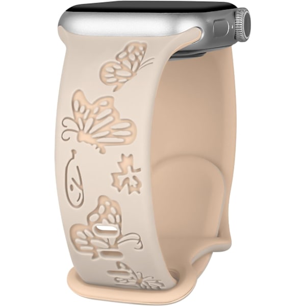 Blomstergravert rem for Apple Watch-remmer for kvinner, søte blomster- og sommerfuglsportsremmer i silikon for Apple Watch-serien Starlight Milktea 38/40/41mm