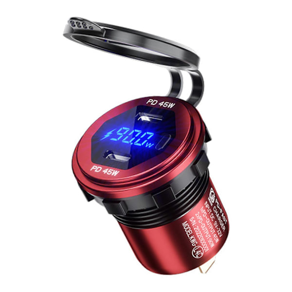 Metal 90W Dobbelt Type C USB C PD Hurtig Biloplader med Spænding/Effekt Display Red Blue light