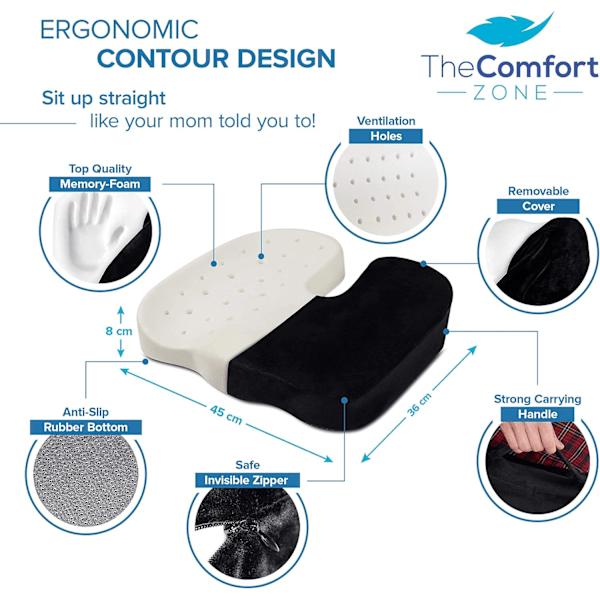 Kontorstol Setepute Lindrer Ryggsmerter Sklisikker Halebein Forbedrer Holdning og Støtter Hemoroider og Isjias Memory Foam Stolpute Black