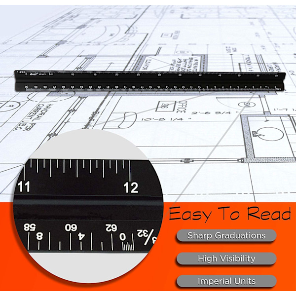 Arkitektonisk skala linjal, aluminium triangulär skala linjal metrisk 1:20, 1:25, 1:50, 1:75, 1:100, 1:125 Standard 12 tum för arkitekter och ingenjörer Silver