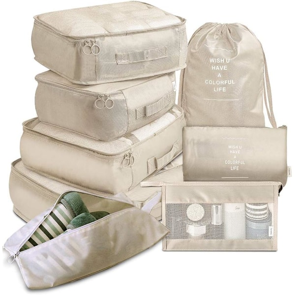 Rejsepakningskuber, Multifunktionel 8-delt/sæt Bagage Organiser Vandafvisende Kompressionskuffert Essentiel Taske Beige 8PCS/SET