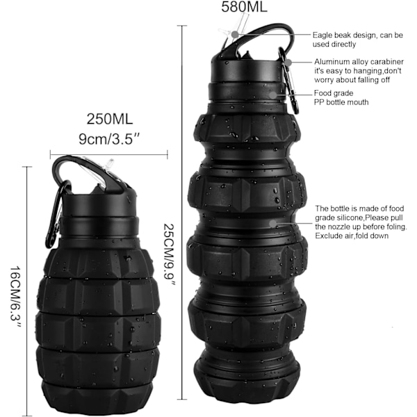 Sammenleggbar Reisesportsflaske 18oz, Gjenbrukbar BPA-Fri Silikon Foldbar Vannflaske for Trening Camping Vandring, Sportsflaske med Karabinkrok Black