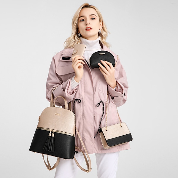 Mode Dam Ryggsäck Läder Ryggsäck med Axelrem Crossbody Väska Läder Korthållare Plånbok Set Gåva för Kvinnor A