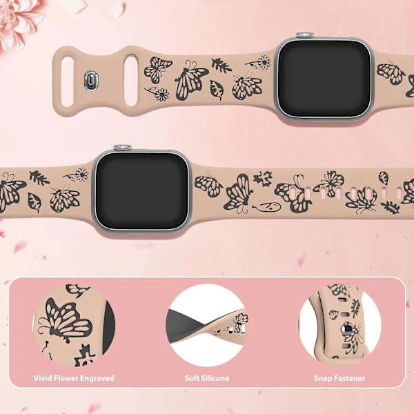 Blomstergravert Rem for Apple Watch-reimer Kvinner Dameklokke Rem, Silikon Søt Blomst Sommerfugl Sportbånd for Apple Watch-serie Milktea Black 38/40/41mm