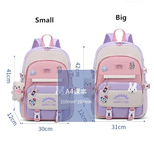 Söpö korealainen koulureppu tytöille, Kawaii vaaleanpunainen ja violetti koululaukku kirjastoon ja alakouluun, lahja opiskelijoille ja lapsille A