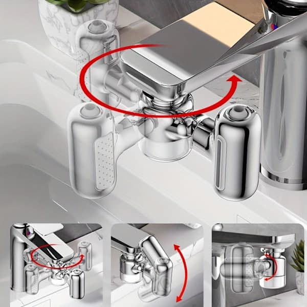Kopparlegering Kranförlängare – 4 hastigheter & 360° rotation, stänkskydd för diskning & grönsaker – Silver