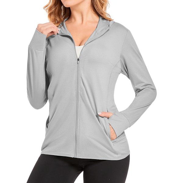 Dame UPF 50+ Langærmet Solbeskyttelsesskjorte, Hættejakke med Fuld Lynlås, Solskjorte, Lynlåslommer & Tommelfingerhuller Light Grey XL to XXL