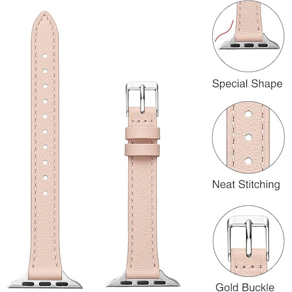 Nahkainen ranneke, joka on yhteensopiva Apple Watch -rannekkeiden kanssa, aito ohut ja kapea nahkainen vaihdettava ranneke, rannekoru iwatch-sarjalle naisille ja miehille Pink sand&Silver 38/40/41mm