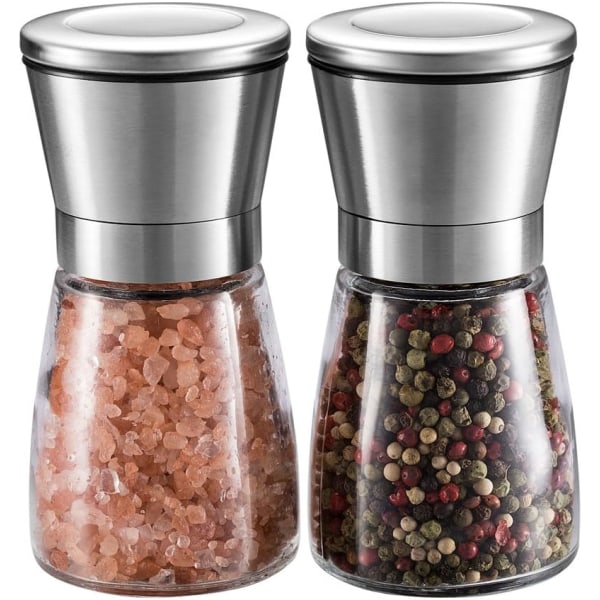 Salt- och pepparkvarnskit - Premium salt- och pepparkvarn i rostfritt stål, glaskropp, justerbar tjockborstad pepparskakare