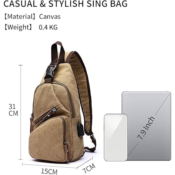 Ny Herre Crossbody Taske med USB Port Messenger Taske til Rejser Cykling Camping Vandring Vandtæt Canvas Caqui