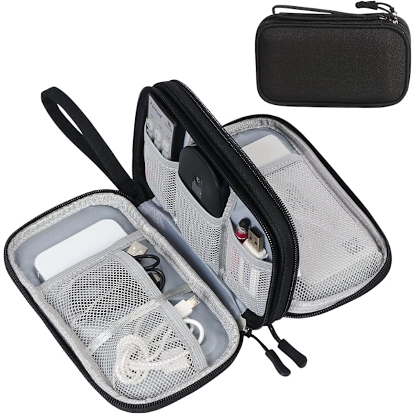 Dobbeltlags Elektronikk Tilbehørsveske Organizer for Kabler, Universal Bære Reise Gadget Veske for Kabler, Power Bank, USB-minne, Lader Harddisk A-black