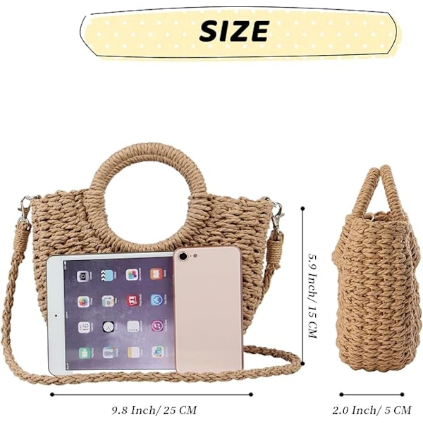 Stråväska för damer, vävd crossbody axelväska handväska satchel för sommaren Kahki