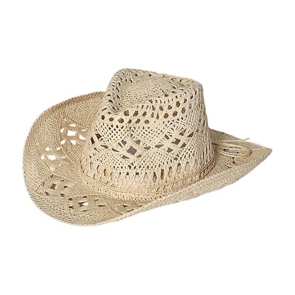 Stråhatt Ventilerad Ihålig Rund Hopfällbar Western Cowboy Strandhatt Fotorekvisita Beige